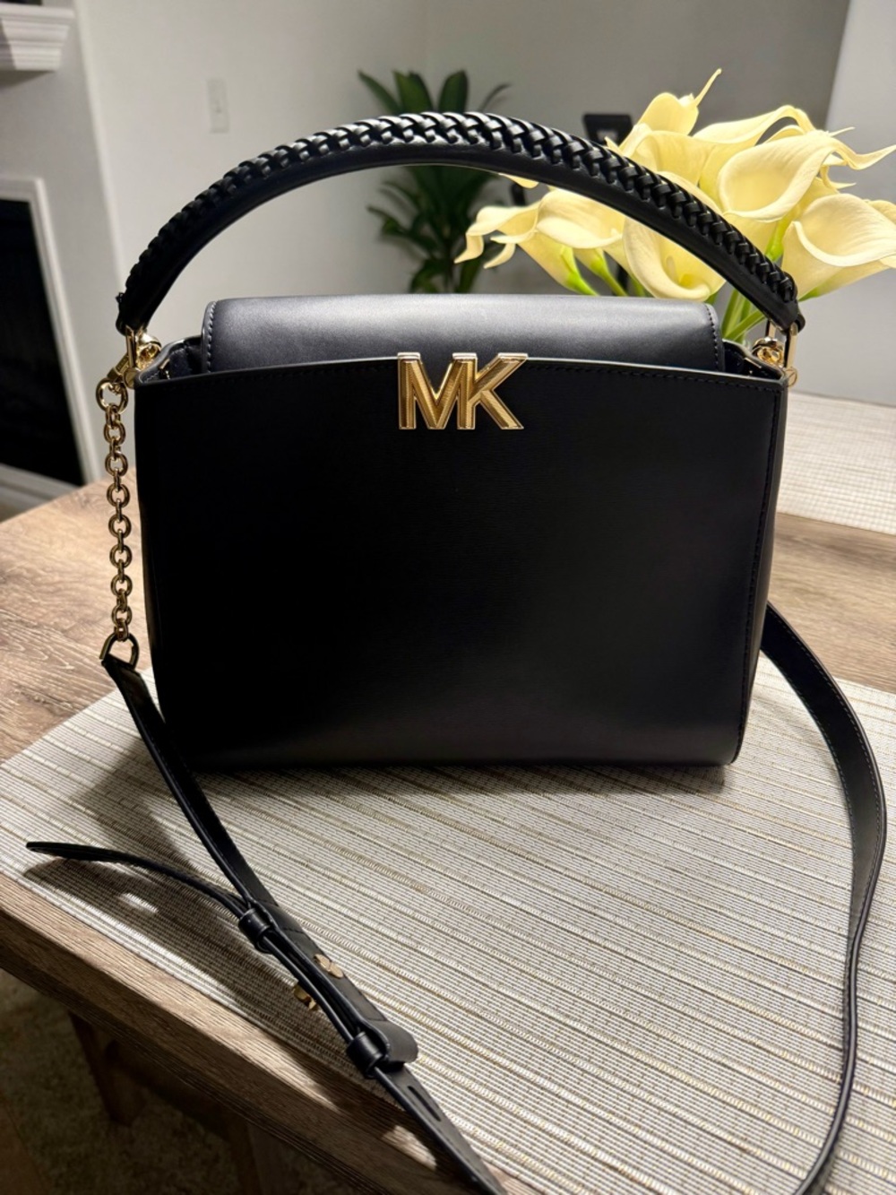 Michael Kors Black Leather Satchel with Gold MK Hardware